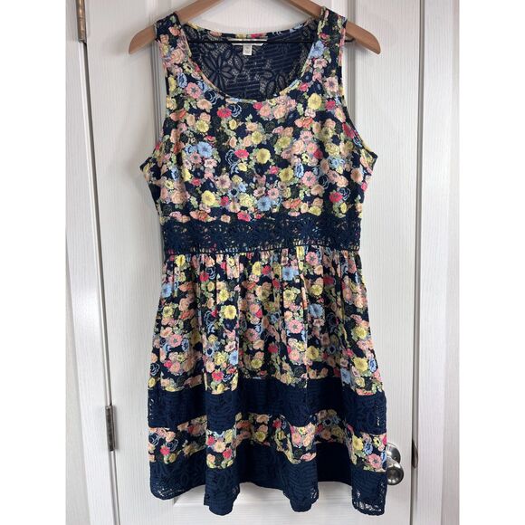 LC Lauren Conrad Navy Blue Multicolor Floral Sleeveless Lace Dress Women's 12 - Picture 1 of 10